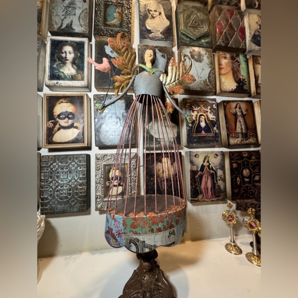 Vintage-Inspired Angel  Caged Sculpture – One-of-a-Kind Art‎ Piece